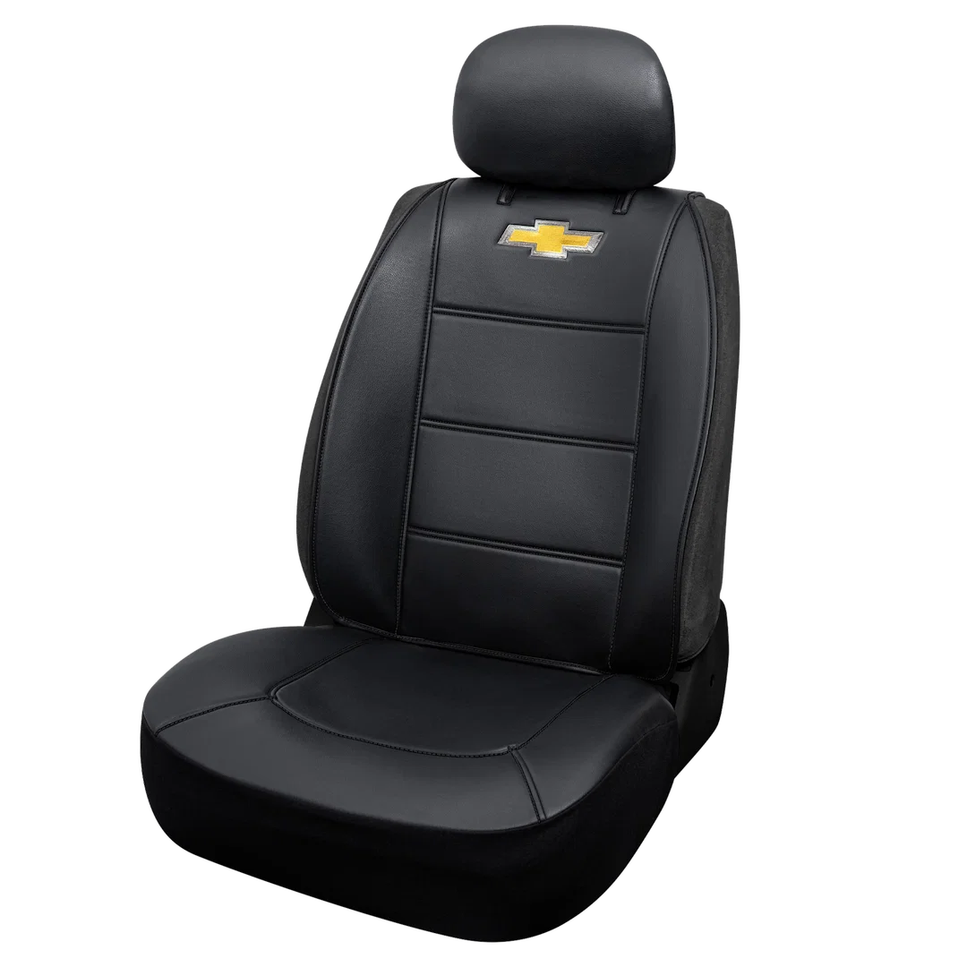 008599R01 – PLASTICOLOR Seat Cover, Low Back Chevrolet Logo Vinyl Black Single With Head Rest And Back Cargo Pocket